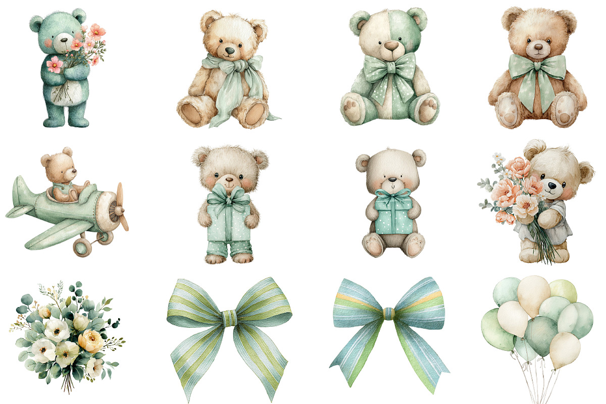 Watercolor Teddy Bear Clipart, an Illustration by DreamCafeArt (Photo 2 of 8)