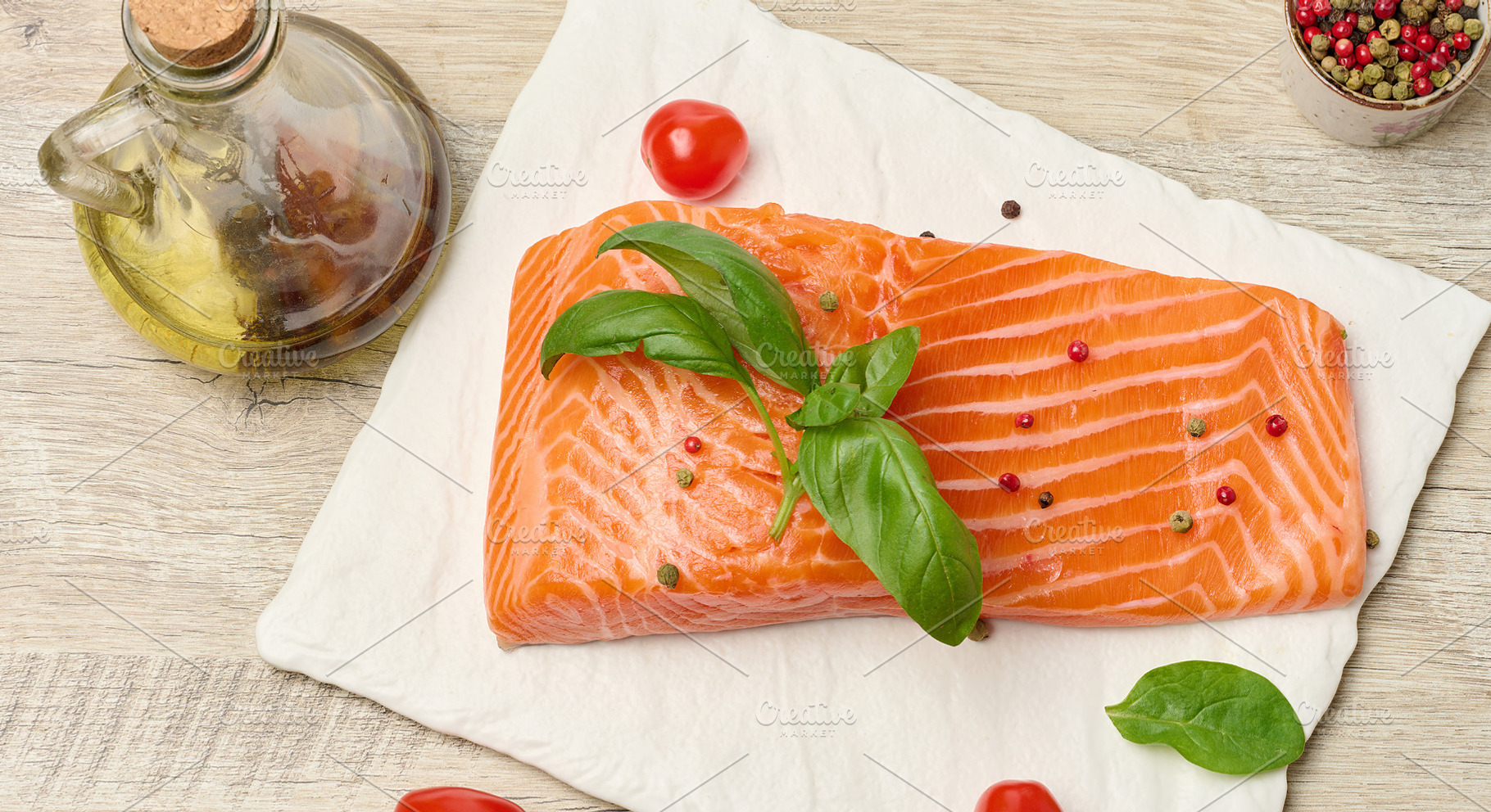 Raw salmon steak, top view, a Food & Drink Photo by ndanko