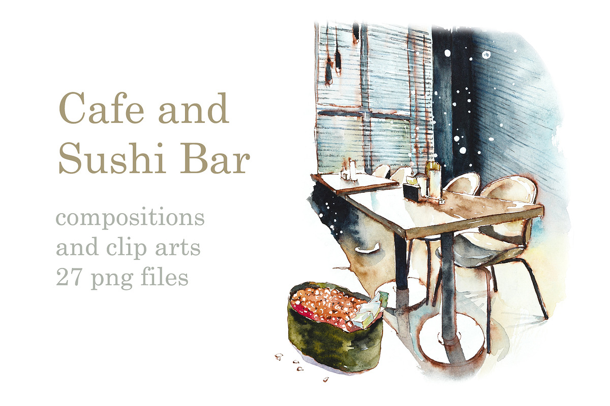 Watercolor Cafe and Sushi Bar, a Food Illustration by Budogoshch (Photo 1 of 4)