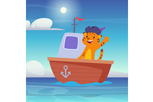 Cat in boat. cute cartoon animal, an Animal Illustration by Onyx