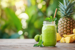 Fresh spirulina smoothie with straw on wooden table, a Food & Drink Photo by AlyaAnd