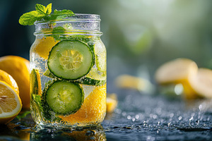 Refreshing drink with lemon, cucumbe, a Food & Drink Photo by Pixeness Studio