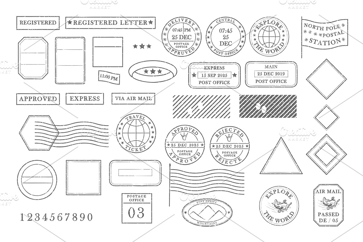 Blank postage rubber stamps. Mockup, an Illustration by Zimages
