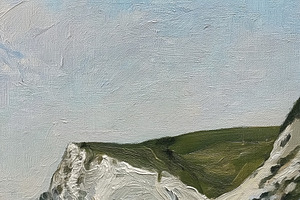 Fine Art. White chalk cliffs and sandy beach meeting turquoise o, a Decorative Illustration by Studio ANNA