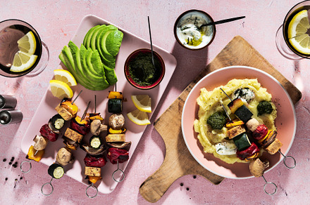 Roasted Veggie Kebabs with tofu and mushrooms , avocado and basi, a Food & Drink Photo by IriGri