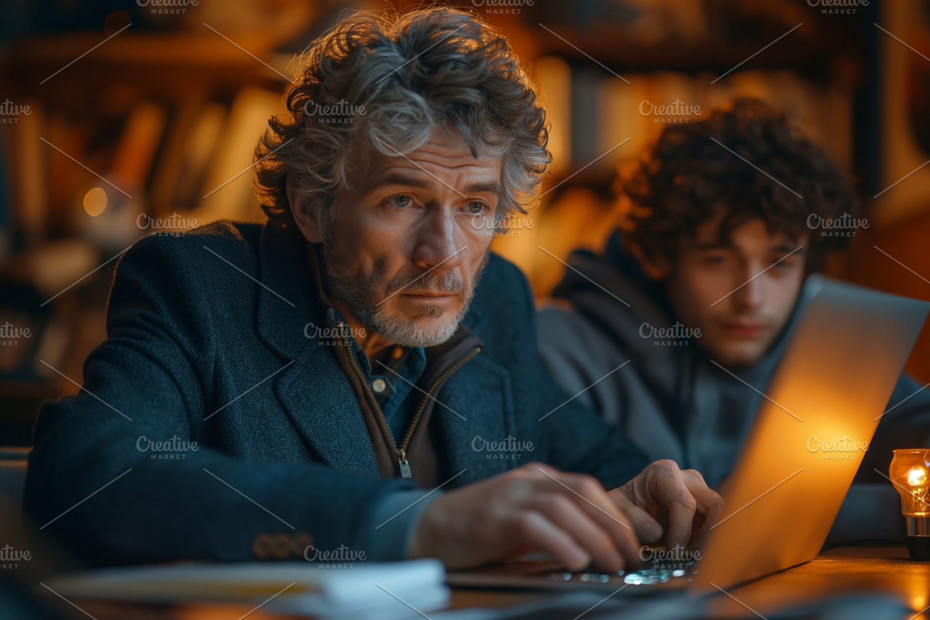 A thoughtful senior man and a young man collaborate on a laptop in a cozy, diml, a Person Photo by ImageMir