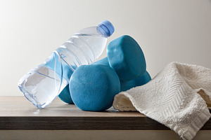 Blue Dumbbells, Water Bottle and Towel Still Life, a Sports & Recreation Photo by Davizro's Market