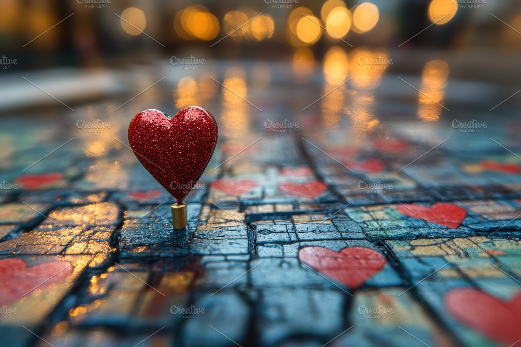 Glittering red heart on colorful mos, a Photo by Tanuart
