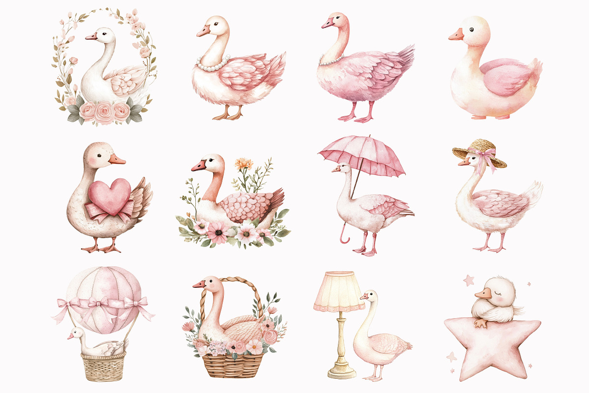 Watercolor Pink Goose Clipart, an Illustration by Design Market (Photo 2 of 5)