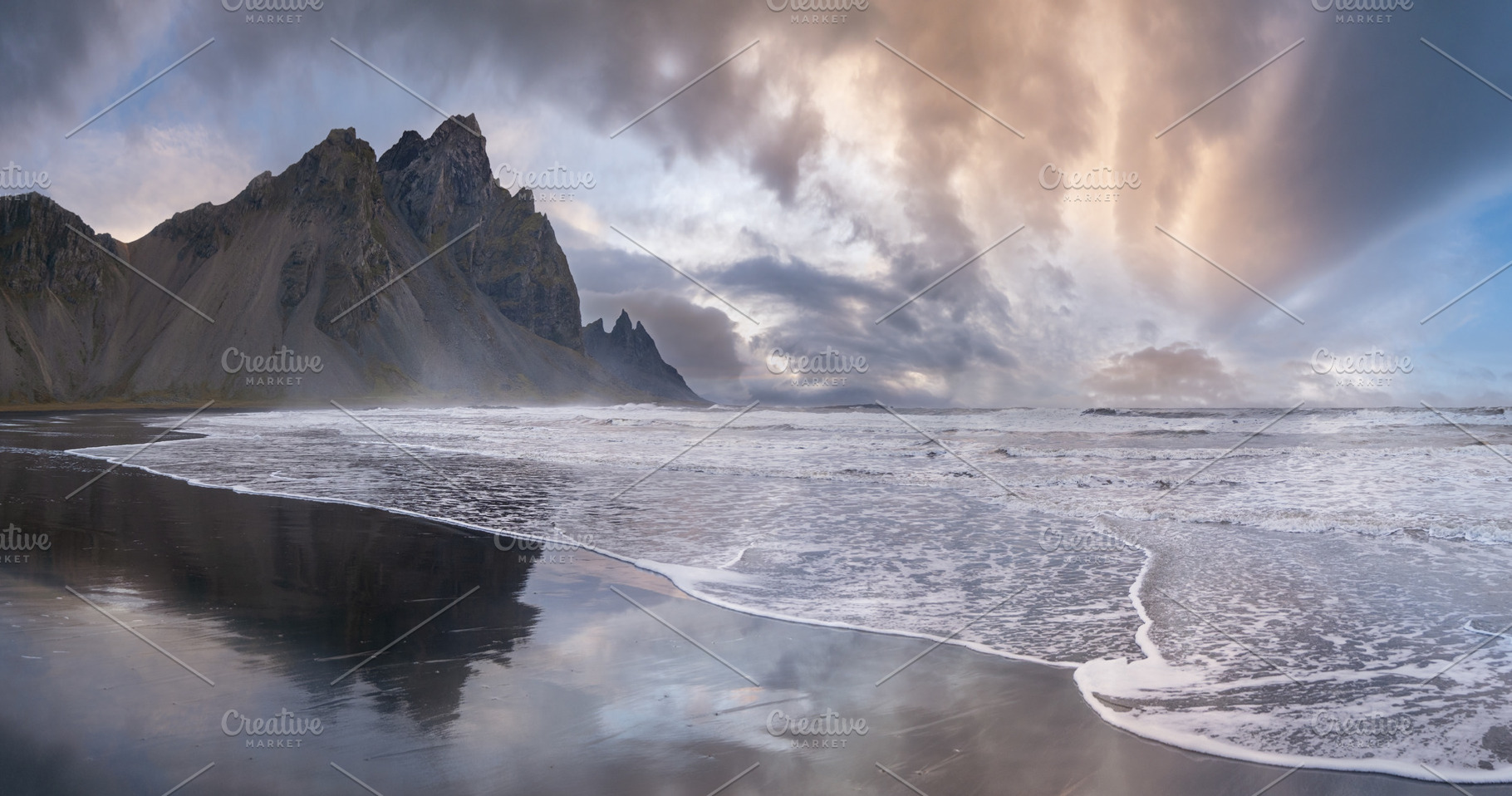 Sunrise Stokksnes cape sea beach and Vestrahorn Mountain with it, a Nature Photo by YuriyB