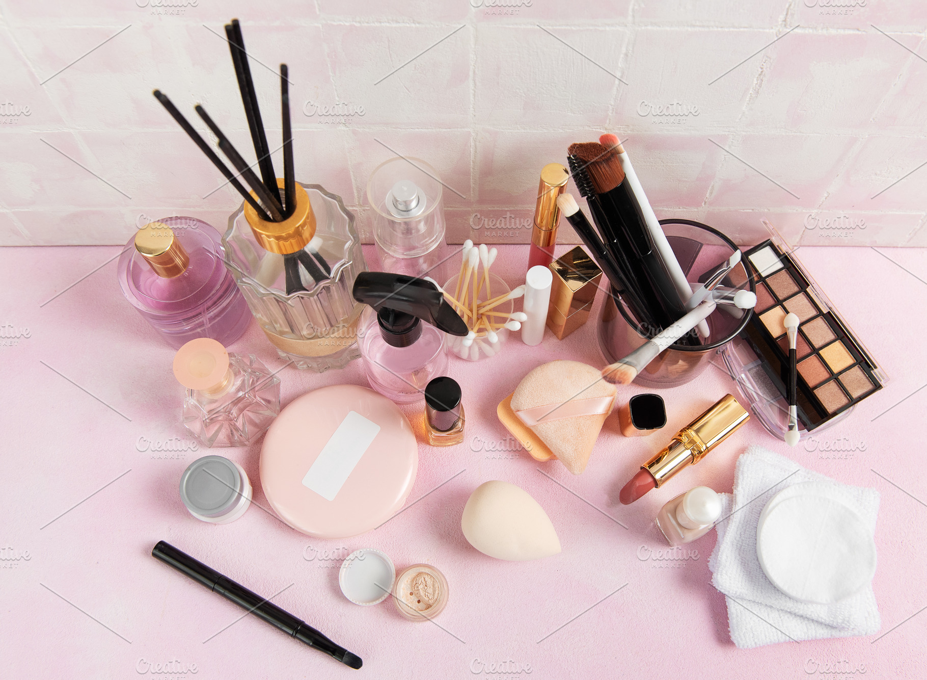 Beauty products and makeup tools promoting cosmetics routine, a Beauty & Fashion Photo by Olena Rudo