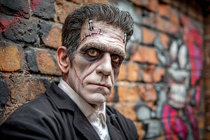 Character dressed as a classic monster posing against a brick wall adorned with, a Photo by AlyaAnd