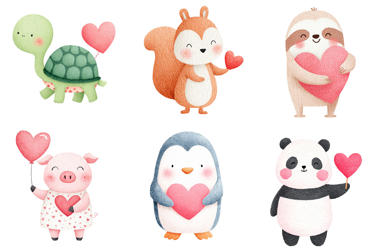 Watercolor Valentine Animals Clipart, an Illustration by Dream Creation (Photo 3 of 7)