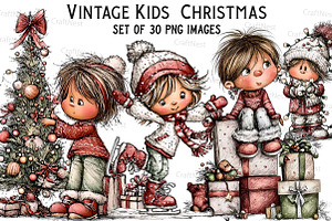Vintage Kids  Christmas Clipart, an Illustration by Craft Nest