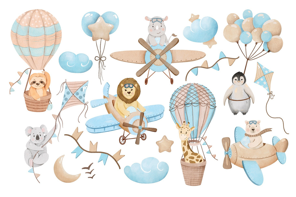 In the sky, Cute Pilots Animals, an Animal Illustration by ArtGiftsStudio (Photo 3 of 4)