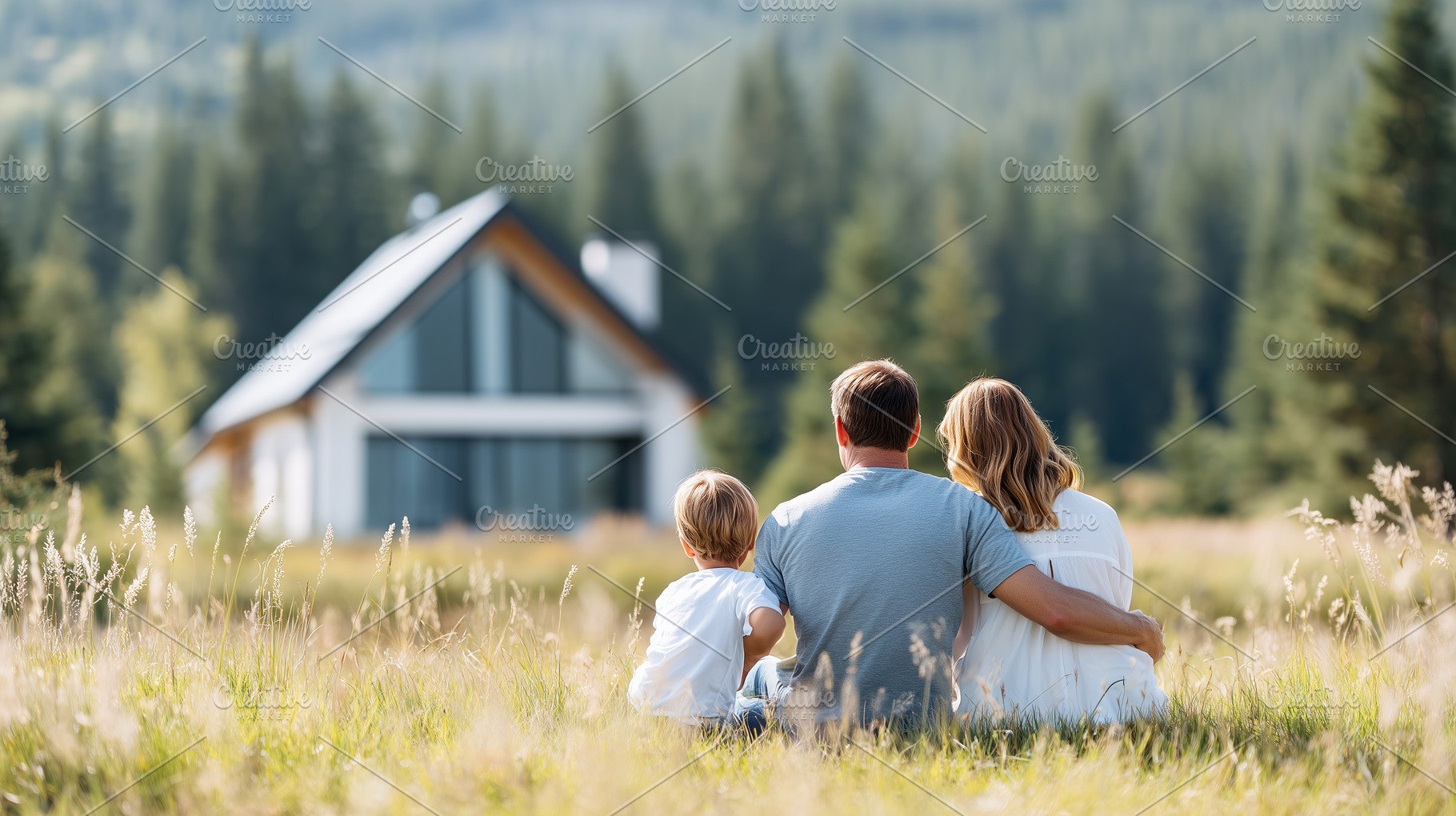 Happy family sits on grass in front, an Architecture Photo by MistyDay