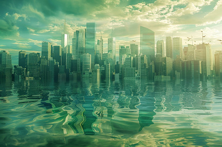 The skyline of a bustling city is mi, a Photo by Tanuart