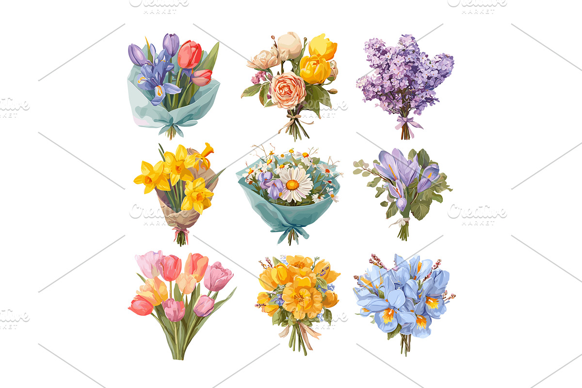 Fresh flowers bouquets vector set, an Object Illustration by Onyx