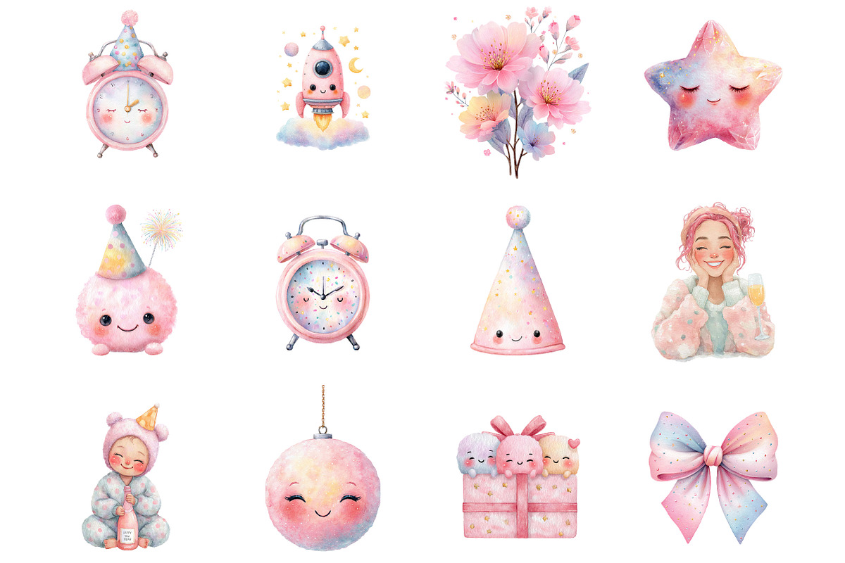 Watercolor Cute New Year Clipart, an Illustration by Designking (Photo 3 of 5)