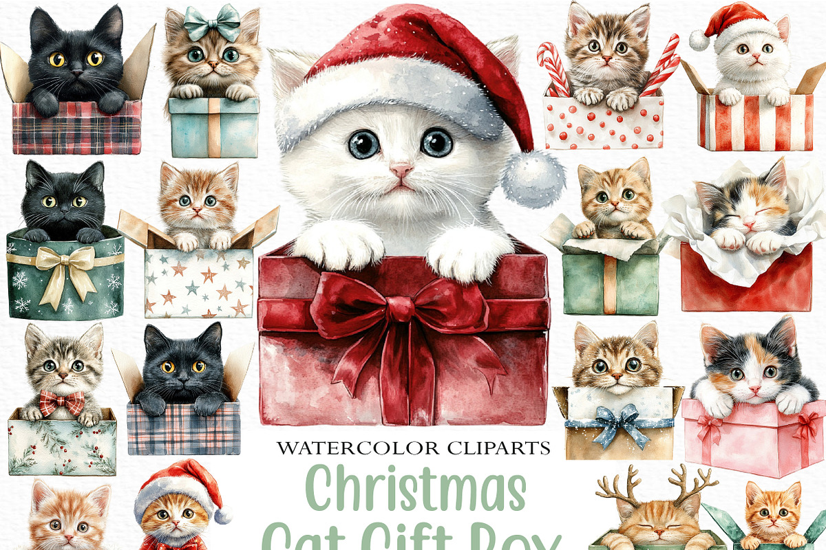 Christmas Cat Gift Box Clipart, an Illustration by Craft Nest (Photo 1 of 6)