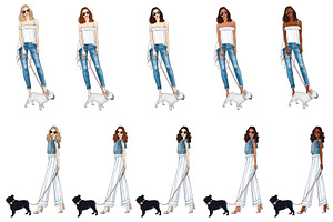 Girls With Dogs Fashion Clipart Set