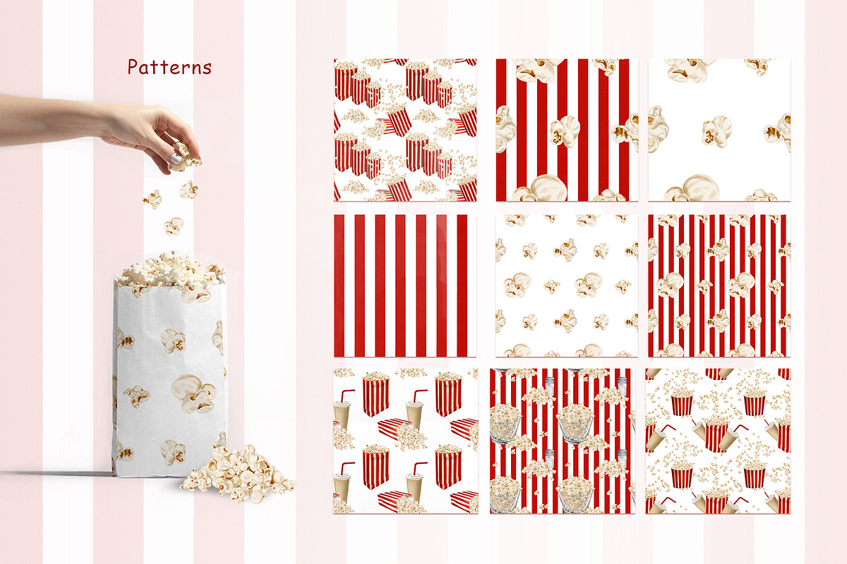 Popcorn watercolor clipart, a Food Illustration by Alena Sid (Photo 10 of 13)