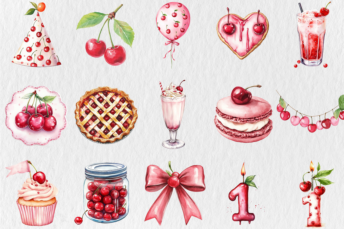 Watercolor Cherry Birthday Clipart, a Seasonal Illustration by Rose Art (Photo 2 of 5)