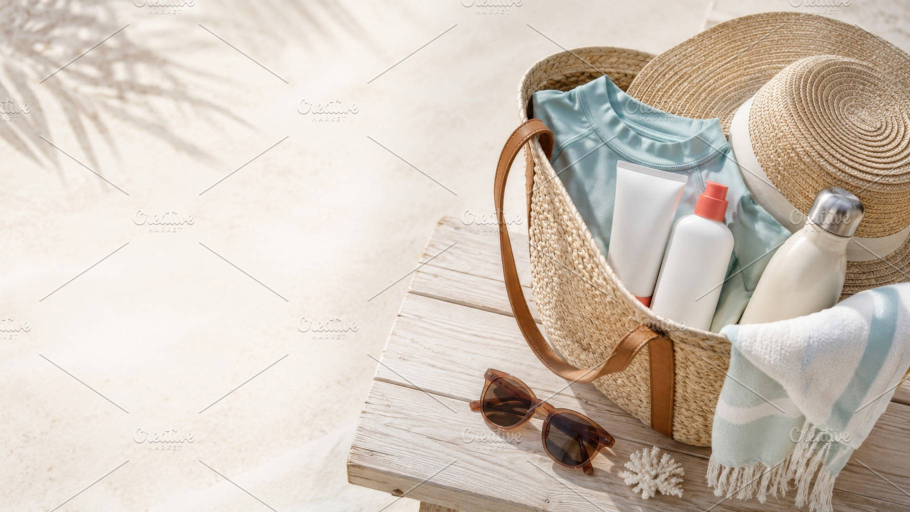 Summer selfcare items in straw beach, a Photo by Dvoevnore photos