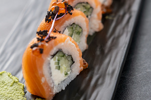 Fish menu japanese food sushi roll served sauce, a Food & Drink Photo by Photo Drive Studio