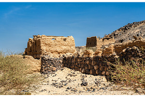 Ancient mud and stone ruins of Shanqal Fort in Turbah, Saudi Arabia