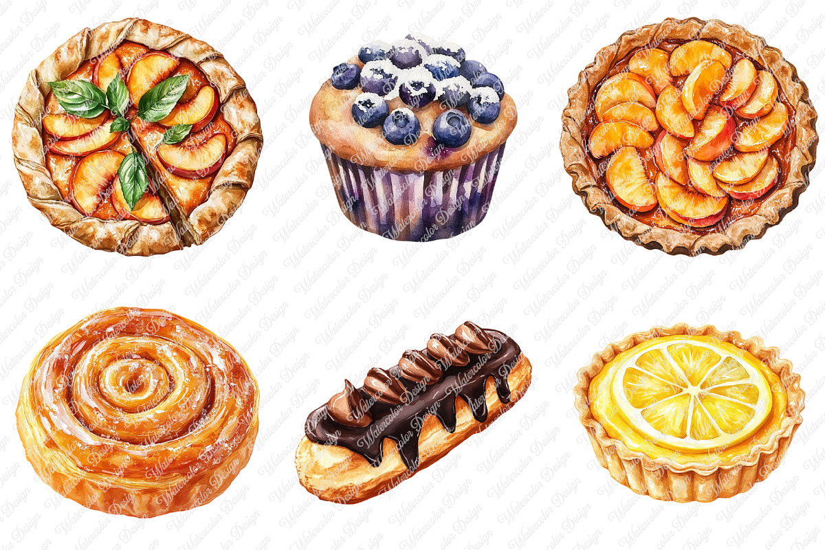 Pastries Watercolor Clipart Set, an Illustration by Watercolor design (Photo 4 of 12)