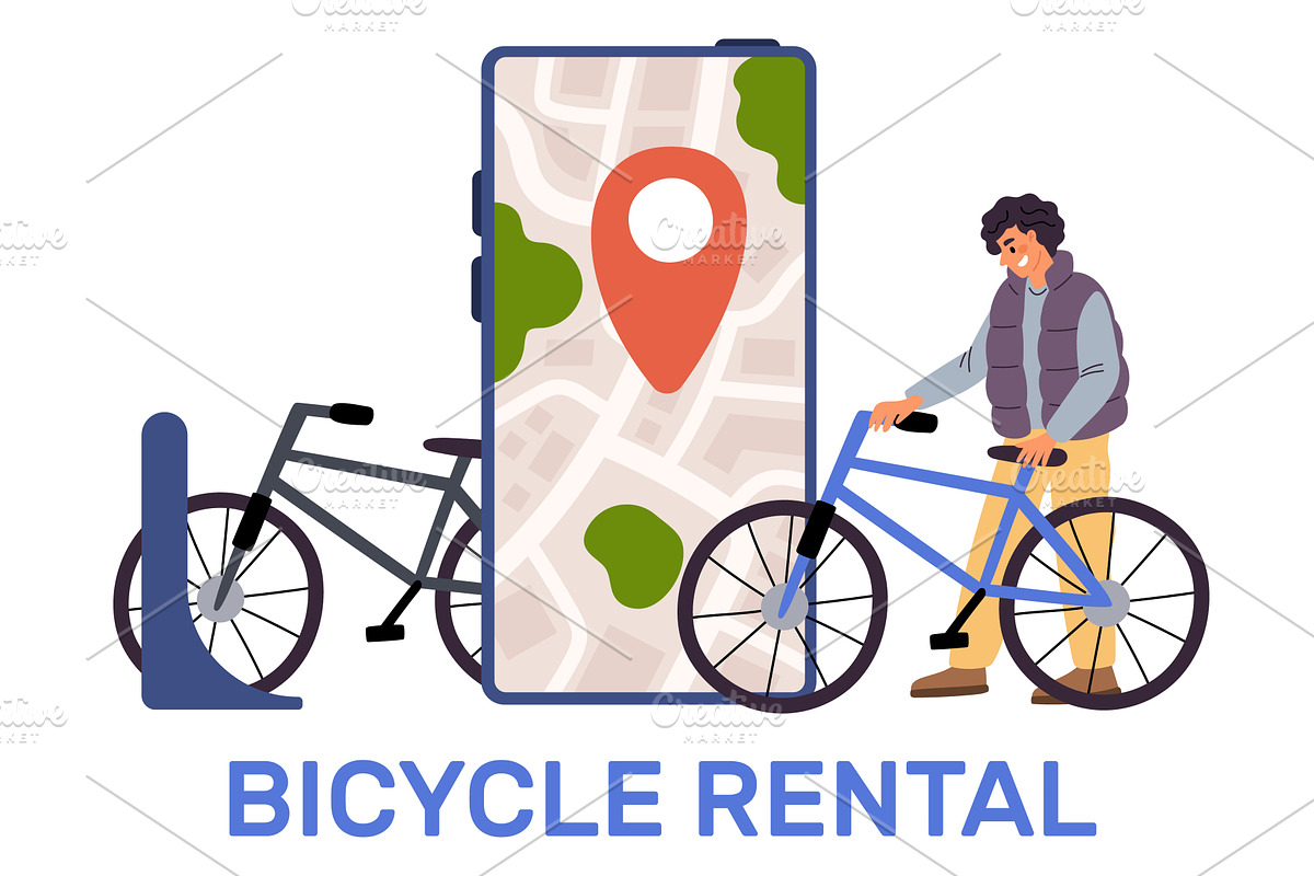 Young man rents bicycle. Mobile, a Technology Illustration by Vectorbuum
