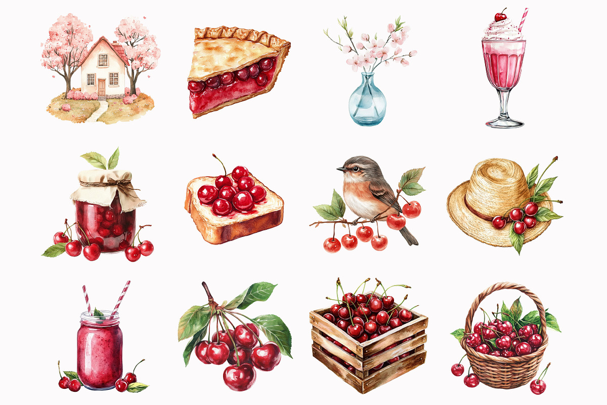 Watercolor Cherry Garden Clipart, an Illustration by Design Market (Photo 3 of 3)