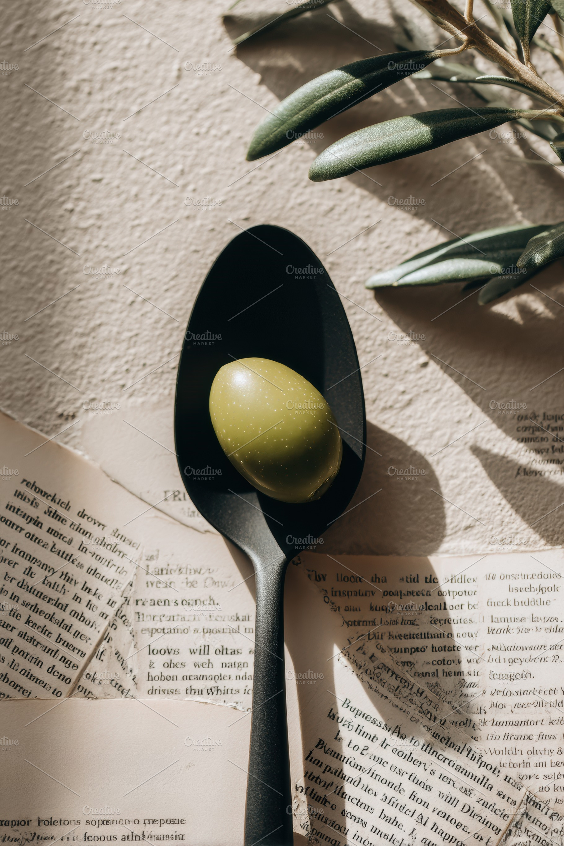 Black Spoon Holding a Single Olive, a Photo by Virgo Studio