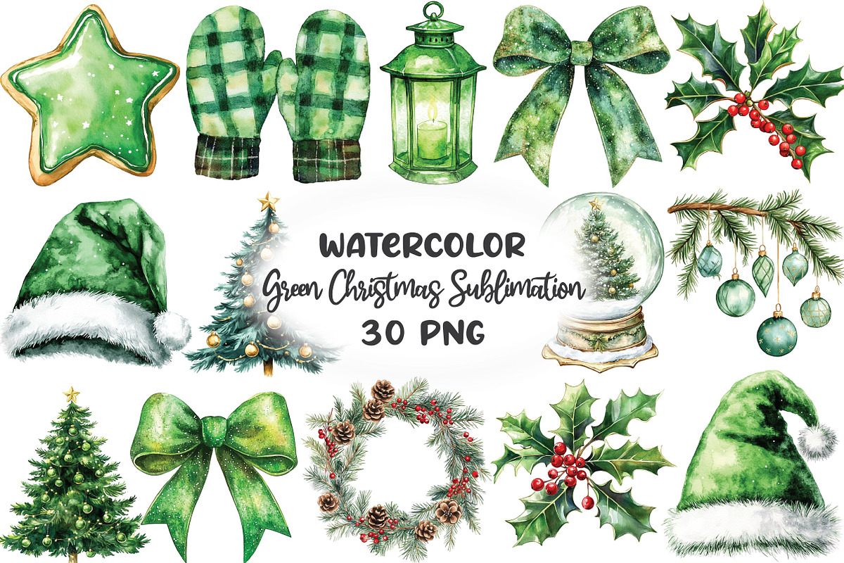 Green Christmas Sublimation Clipart, an Illustration by CraftArtStudio (Photo 1 of 6)