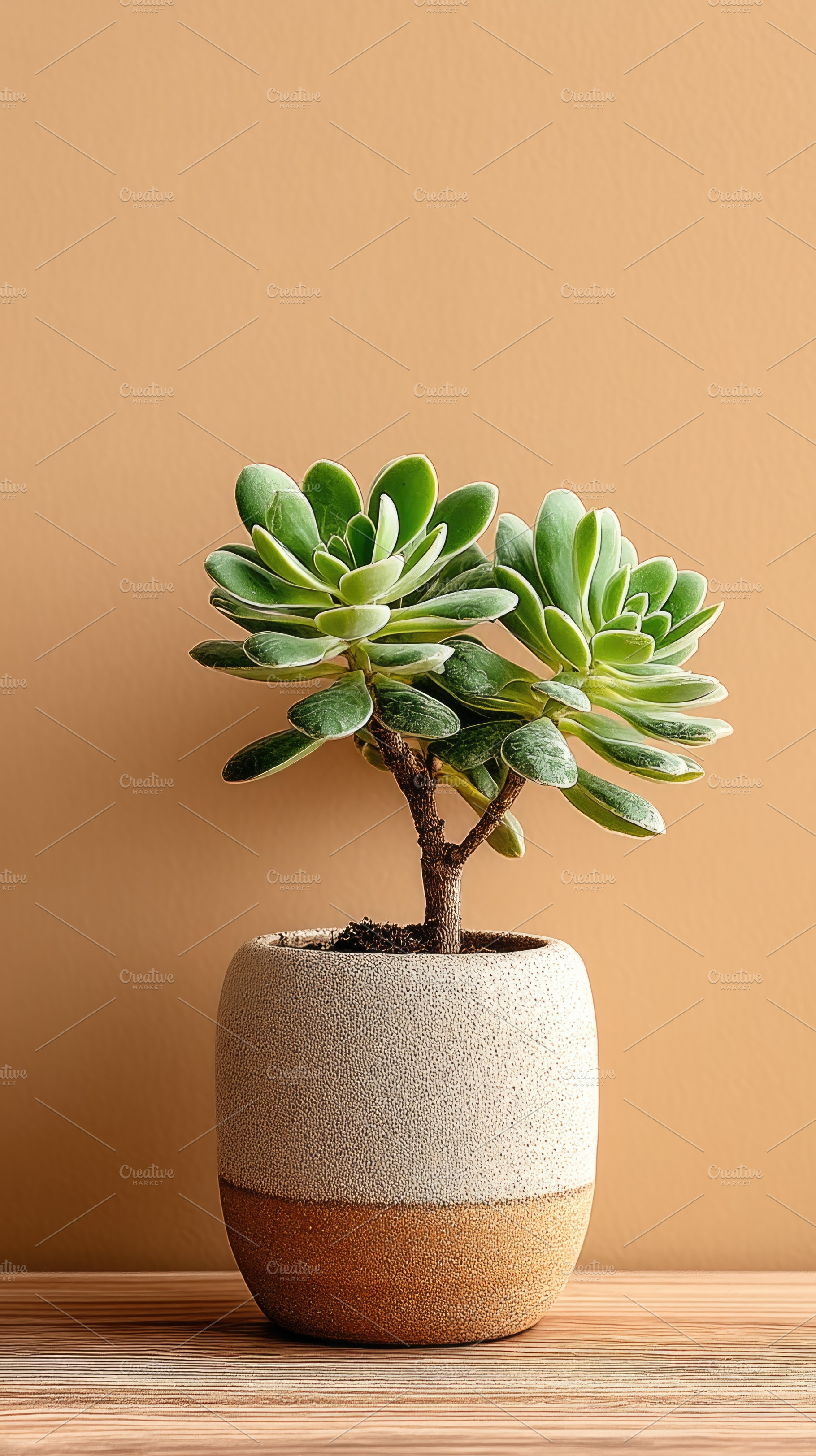 Small Succulent Tree in Ceramic Pot on Warm Wooden Table, a Background Photo by José Manuel Gelpi