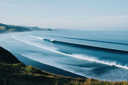 Gentle waves break rhythmically on a, a Photo by Tanuart