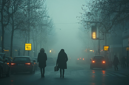 Foggy evening in the city with two f, a Photo by Tanuart