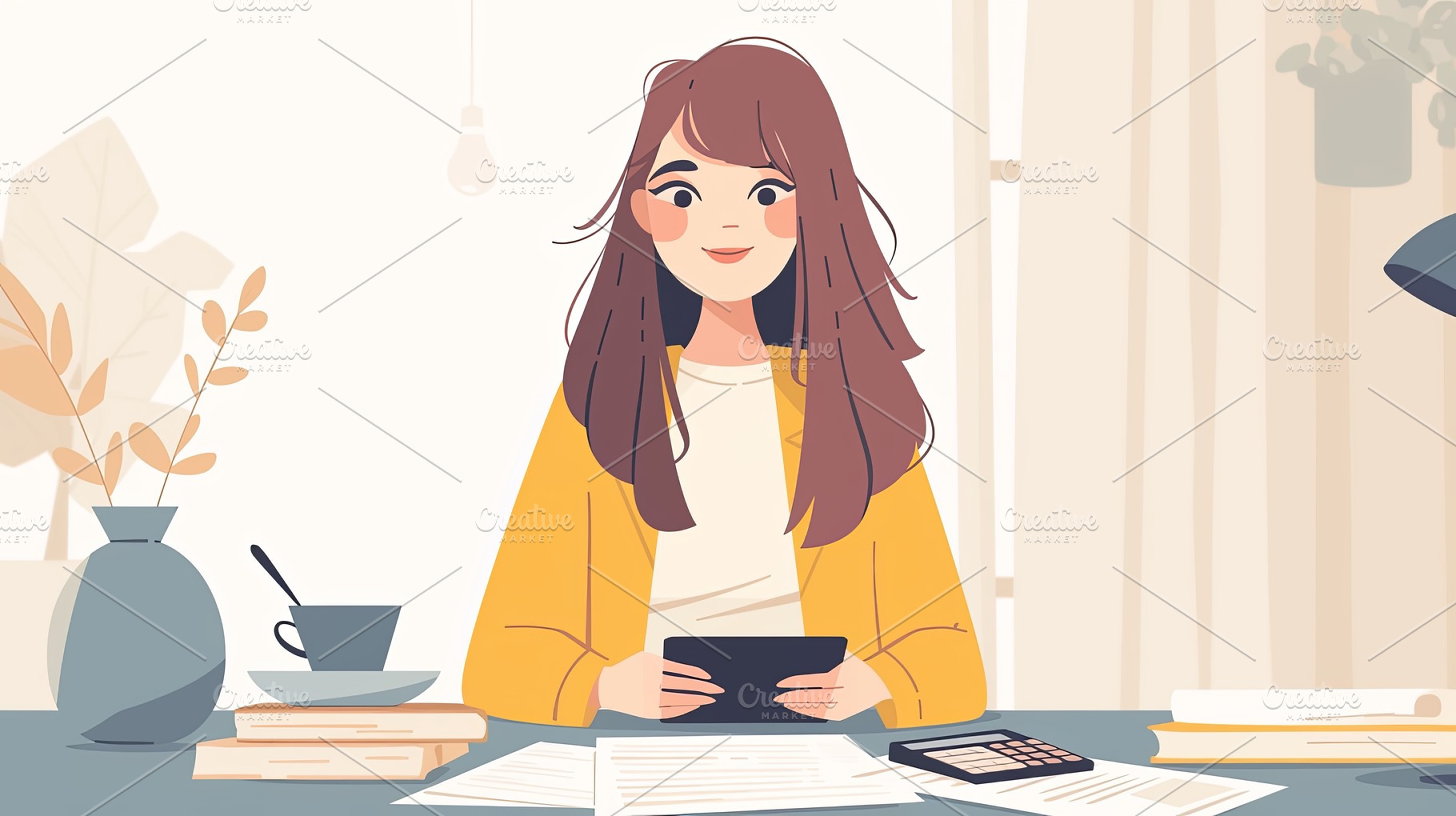 Young woman happily working with documents and tablet at a relaxed desk, a Photo by AS photostudio