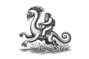 Bigfoot Riding Sea Monster vector, an Animal Illustration by AlexArt