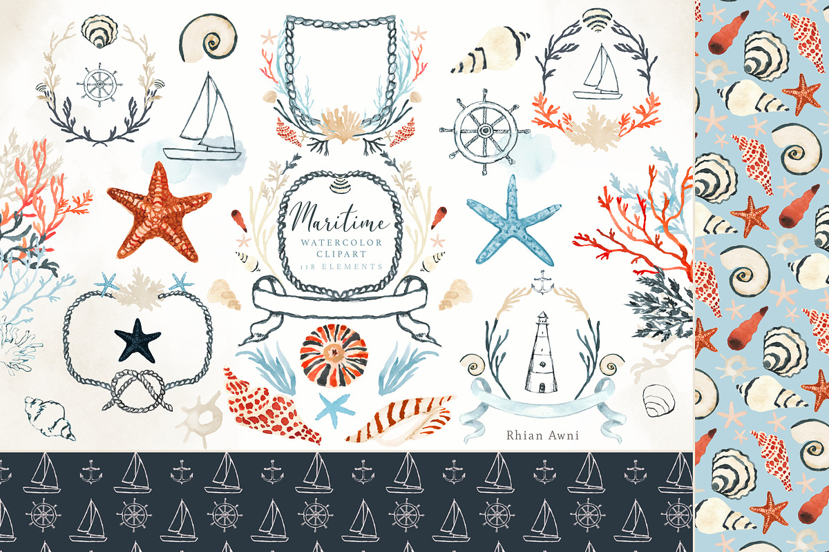 Watercolor and Ink Nautical Clipart, a Graphic by RhianAwni (Photo 1 of 7)