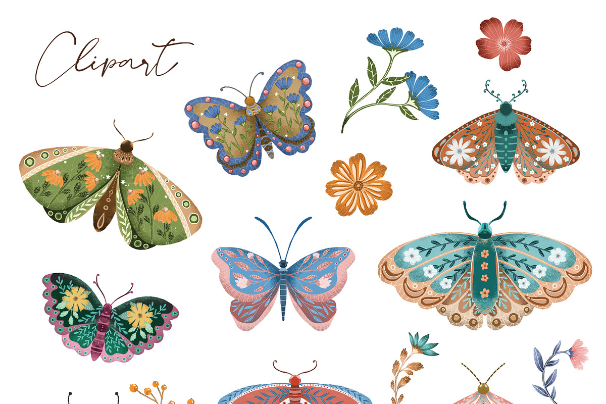 Flowery butterflies clipart set, an Animal Illustration by Yelloo Fish (Photo 3 of 14)