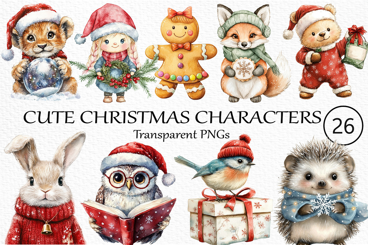 Watercolor Cute Christmas Characters, an Illustration by Craft Nest (Photo 1 of 6)