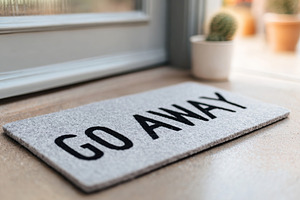 Welcome mat with a bold message positioned at a sunny entrance, a Photo by AlyaAnd