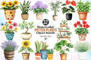 Watercolor Potted Plants Clipart PNG, an Illustration by Canvas Craft