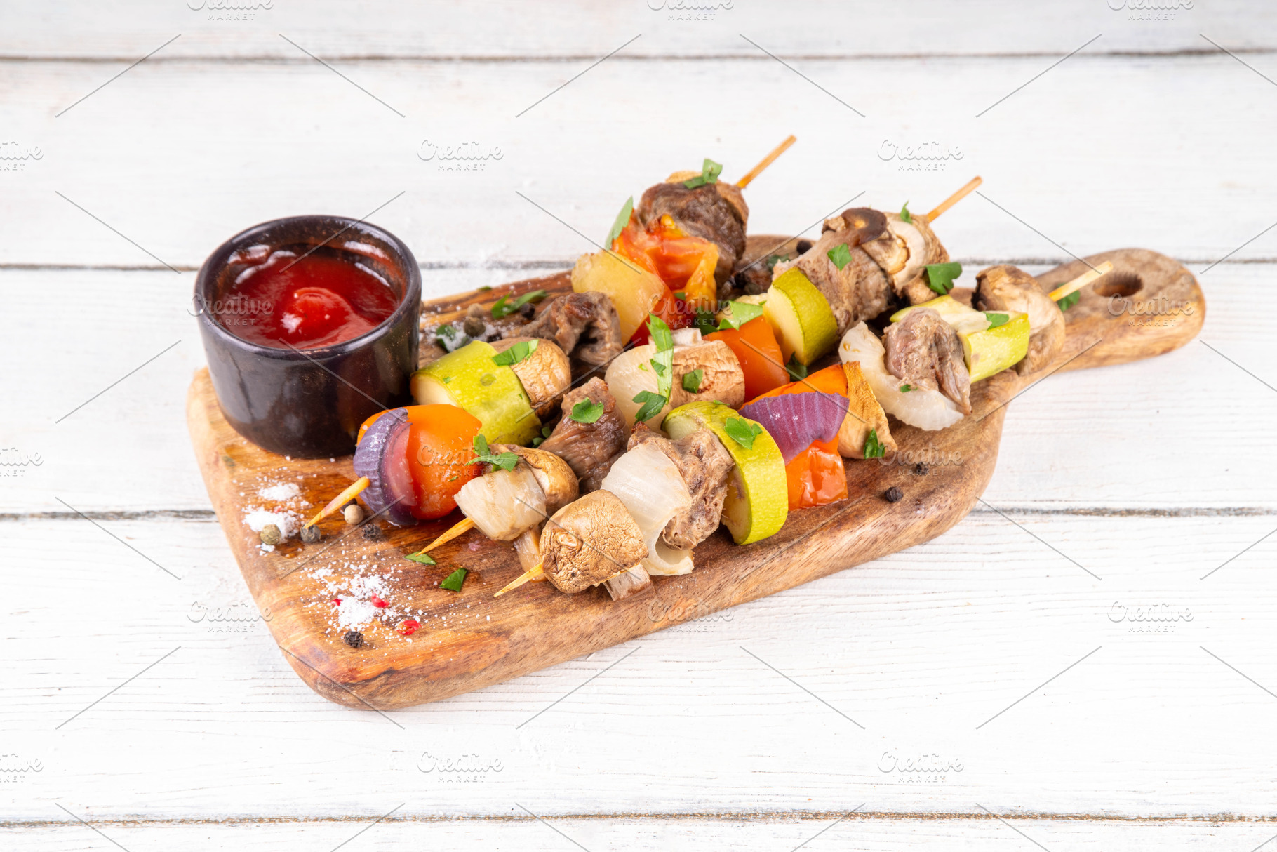 Grilled skewers with meat and vegetables, a Food & Drink Photo by Rimma