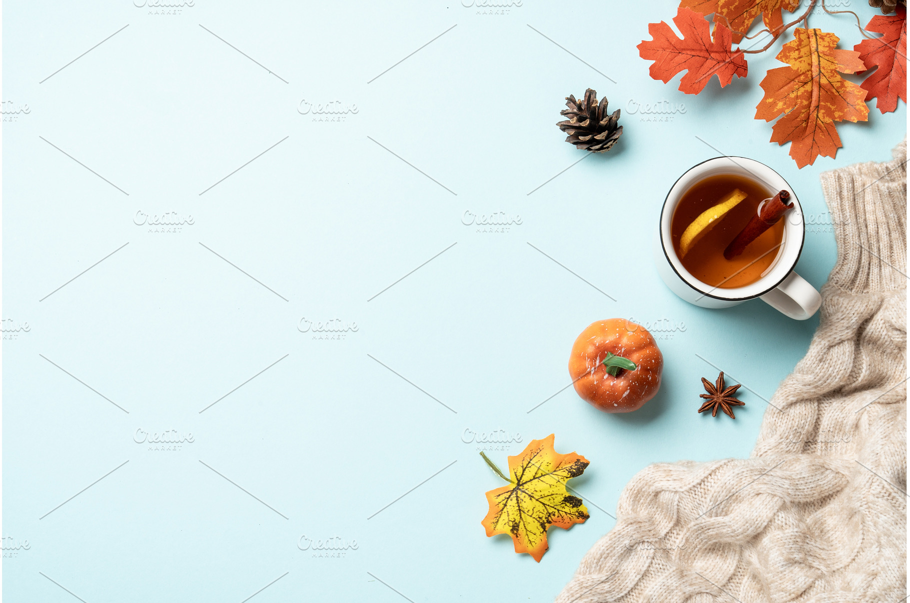 Autumn flat lay background on blue., a Food & Drink Photo by Nadia-nb