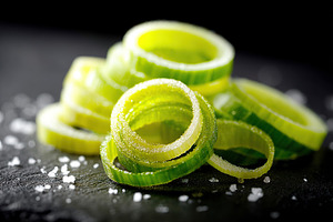 Slices of green onion stacked on a dark surface sprinkled with coarse salt, a Food & Drink Photo by AlyaAnd