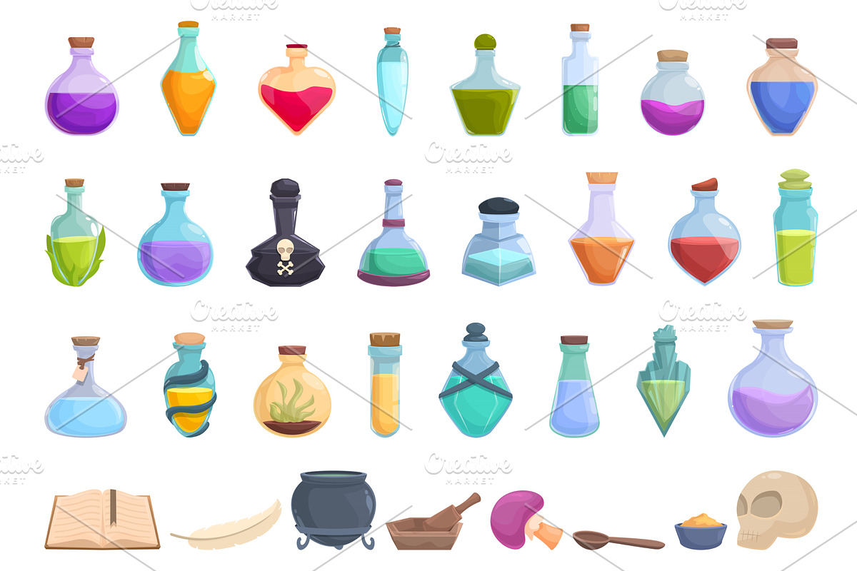 Magic elixir icons set cartoon, a Food Illustration by Ylivdesign