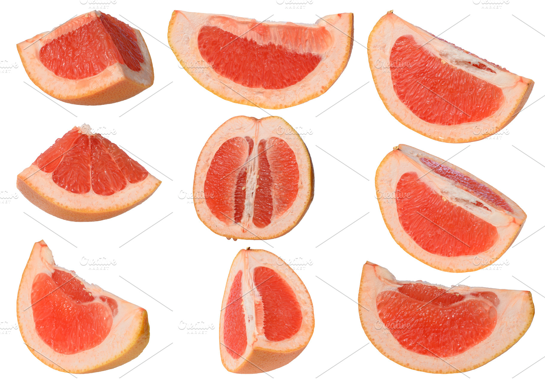 Various slices of juicy grapefruit on an isolated background, a Food & Drink Photo by ndanko
